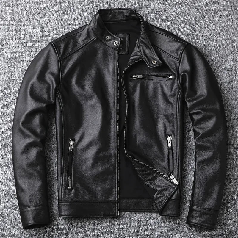Classic motor style,black genuine leather Jacket,fashion men casu