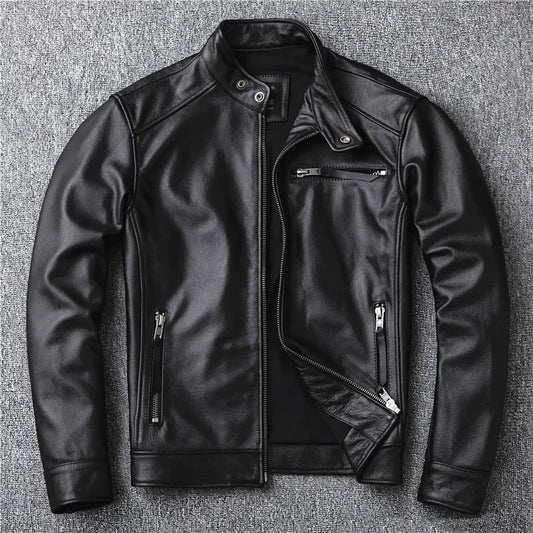 Classic motor style,black genuine leather Jacket,fashion men casu