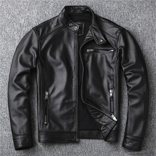 Classic motor style,black genuine leather Jacket,fashion men casu