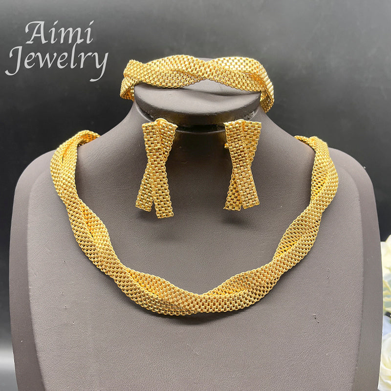 Simple 18K Gold Plated Jewelry Set for Women Golden Choker Necklace Drop Earrin image 1