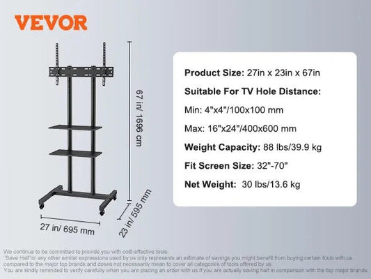 VEVOR Mobile TV Stand Height Adjustable TV Stand with Wheels Double Tray for Au