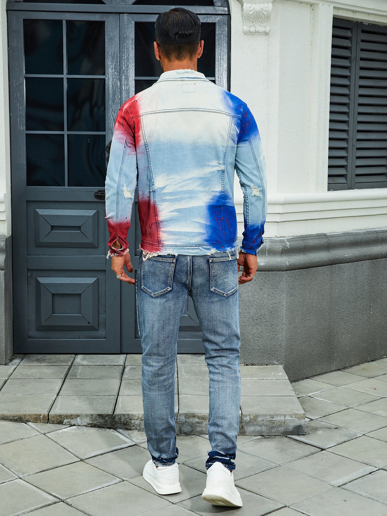 Men's fashion stretch jacket, full strip printing, fashion wash, has a very fas image 3