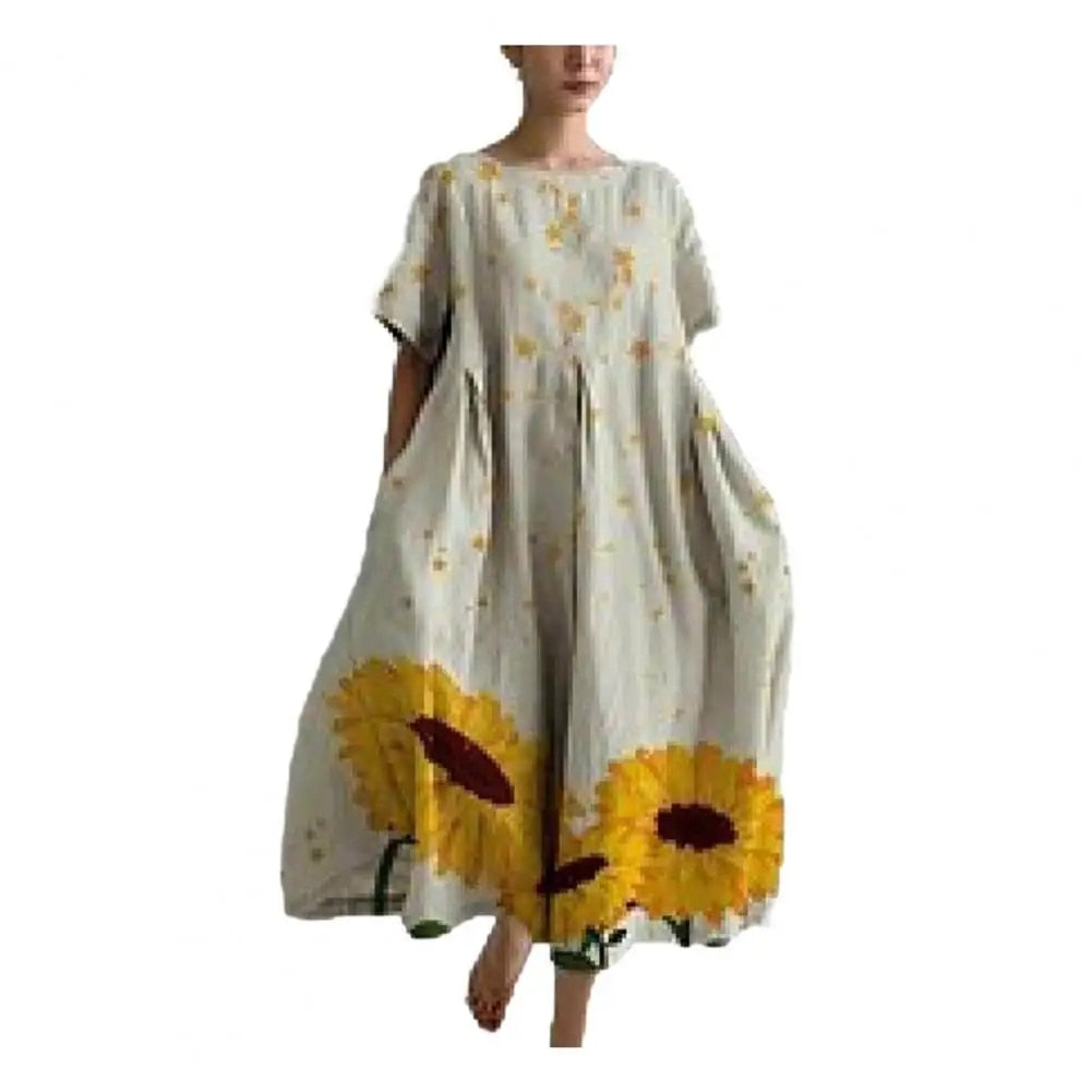A-line Dress Bohemian Style Floral Printed Midi Dress for Women Loose Round Nec