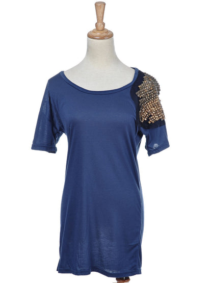Casual Women's Loose Blue Metallic Square Studded Wide Neck Short Sleeve Shirt D image 2