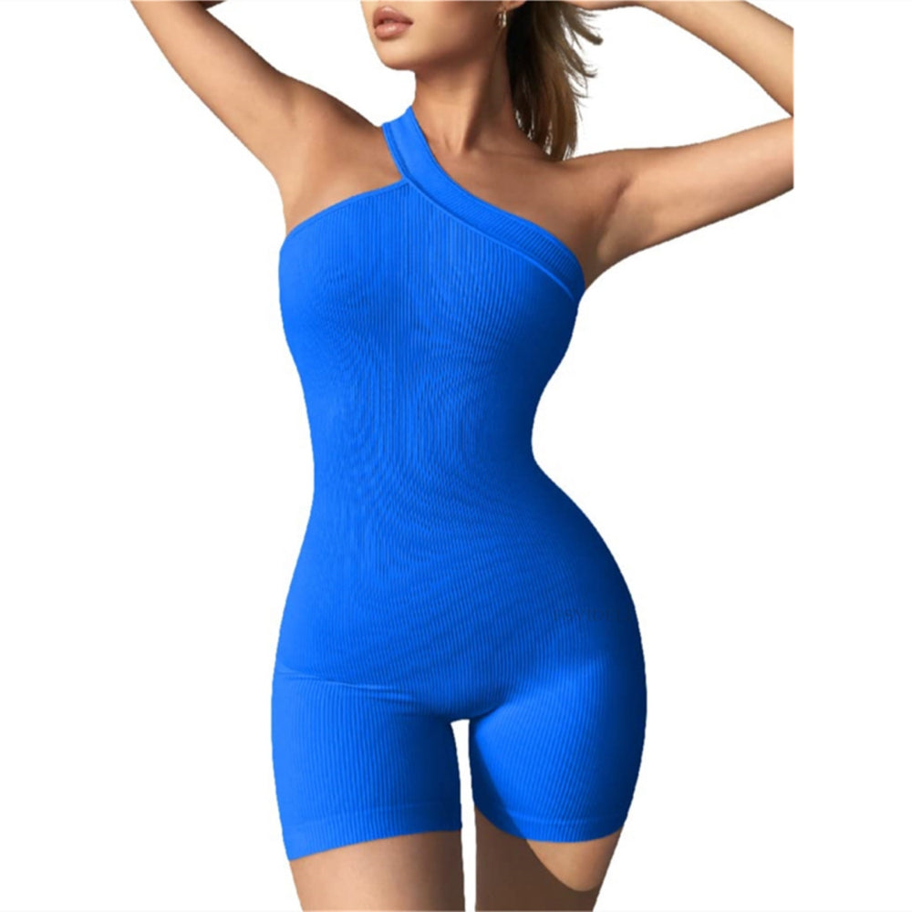 Women's One-Piece Yoga Fitness Shorts Jumpsuit Fashion One Shoulder Solid Ribbe image 3