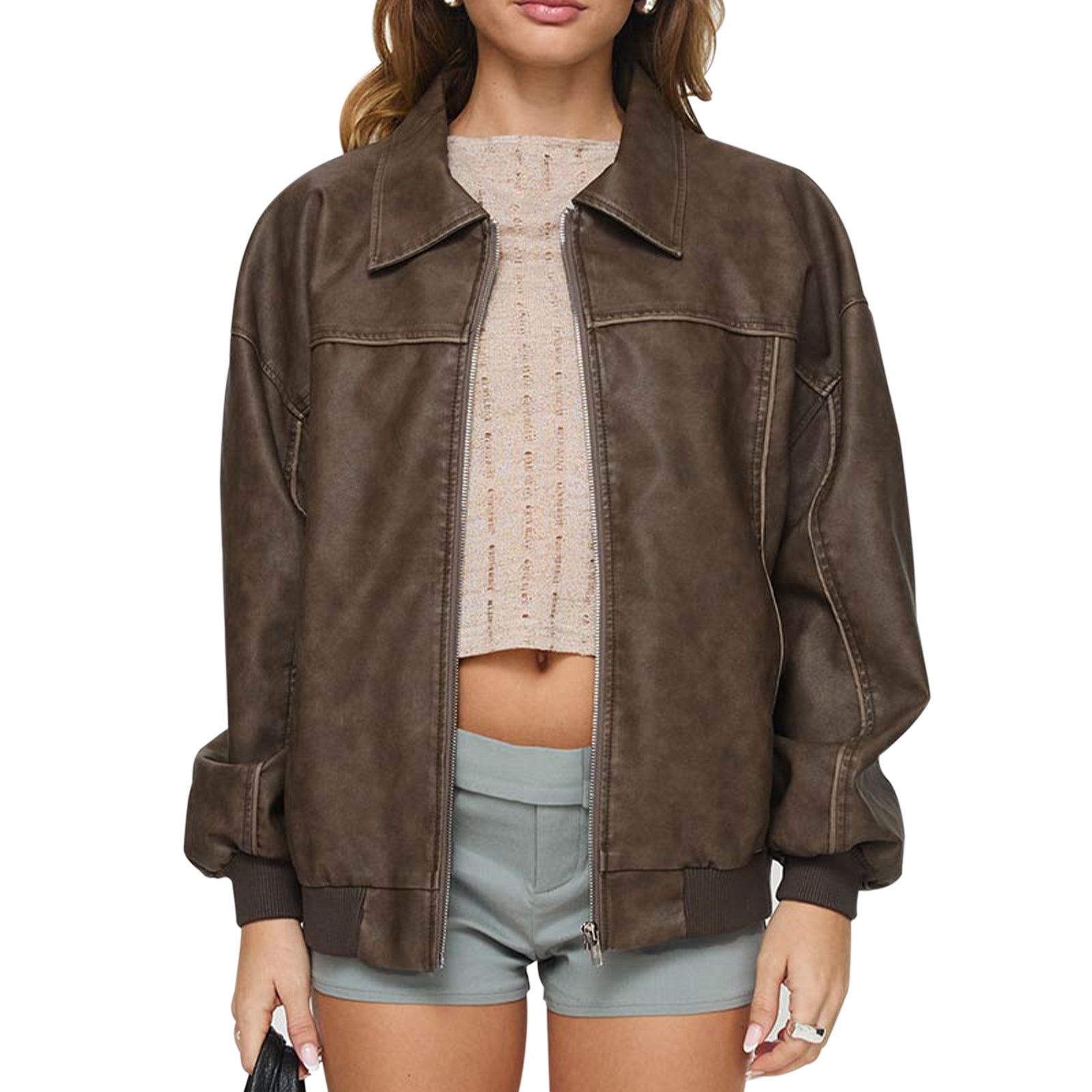 Women s Faux Leather Moto Jacket Stylish Lightweight Zip-Up Coat with Long Slee image 1