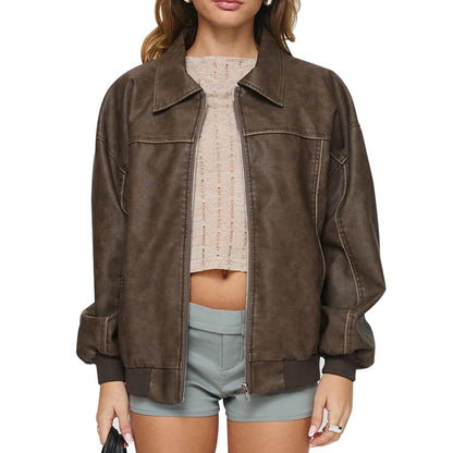 Women's Faux Leather Moto Jacket  Lightweight Zip-Up Coat with Long Slee