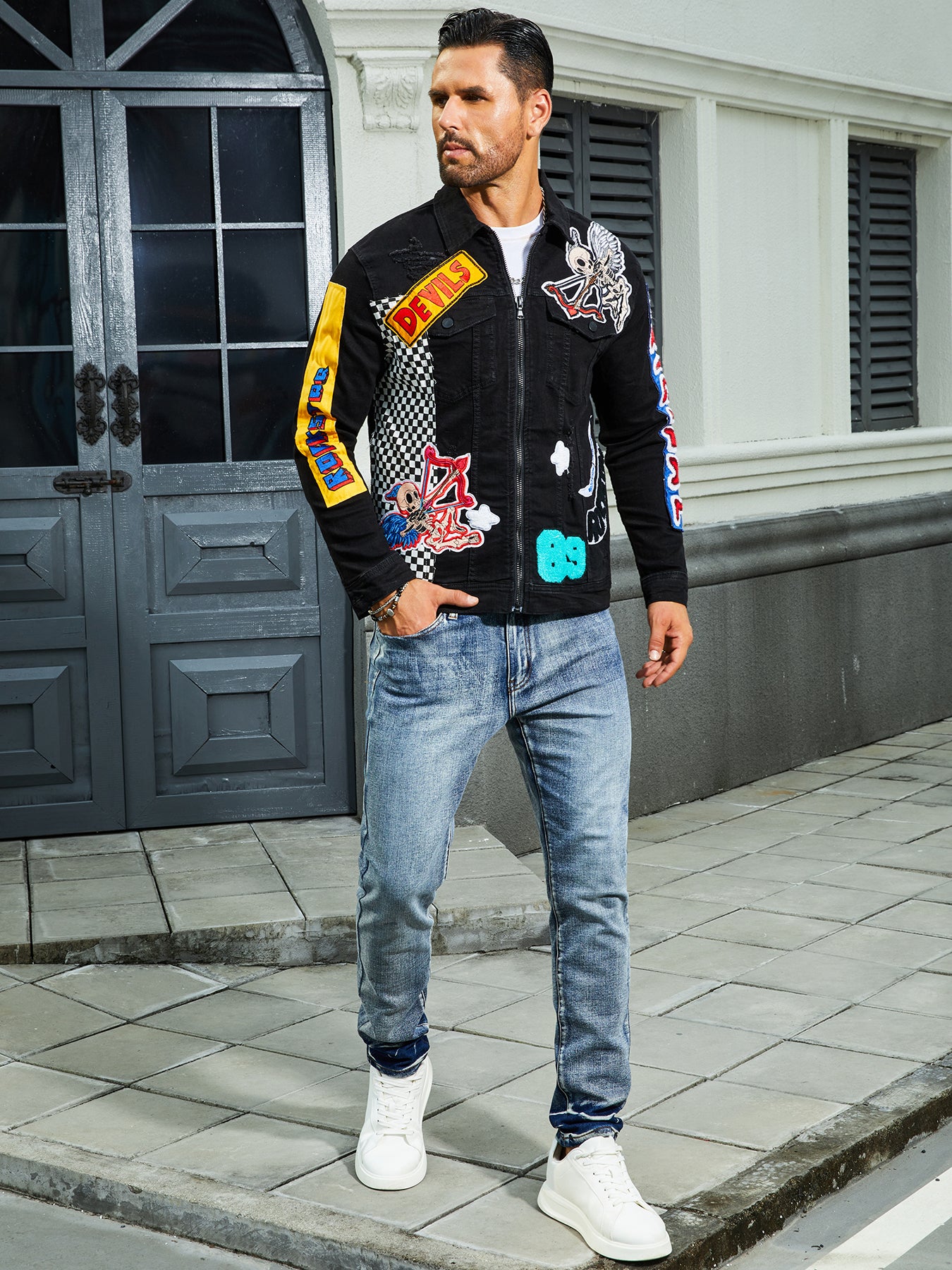 Men's stretch denim jacket, cat creases wash water, full embroidered seal desig image 2