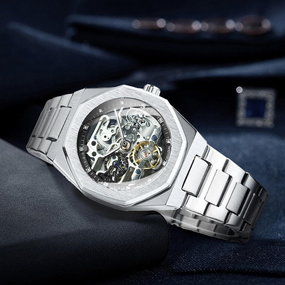 Forsining Black Automatic Watch 3D Diamond Dial Irregular Skeleton Mechanical W image 5