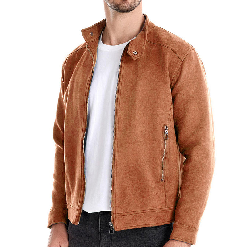 Men s Classic Suede Bomber Jacket with Stand Collar and Zipper Closure - Stylis image 5