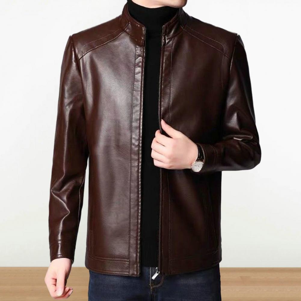 Men Faux Leather Jacket Men's Faux Leather Motorcycle Jacket with Stand Collar image 5