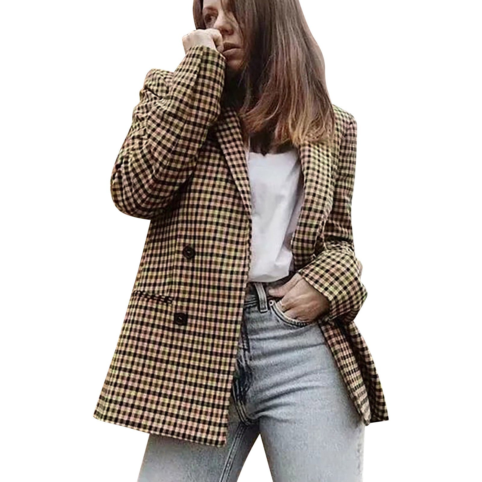Ladies' Autumn And Winter Double Breasted Lapel Long Sleeved Checkered Suit Jac