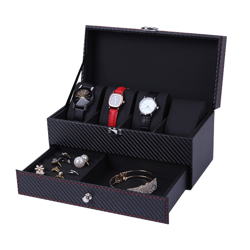 4Grids Double Carbon Fiber Watch Case/ 6Girds Watch Box Holder Organizer Storag image 1