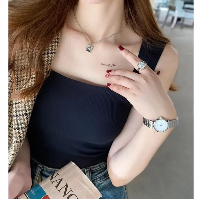 New Wide Shoulder Camisole Square Neck  Back Threaded Vest Women's Sea image 7