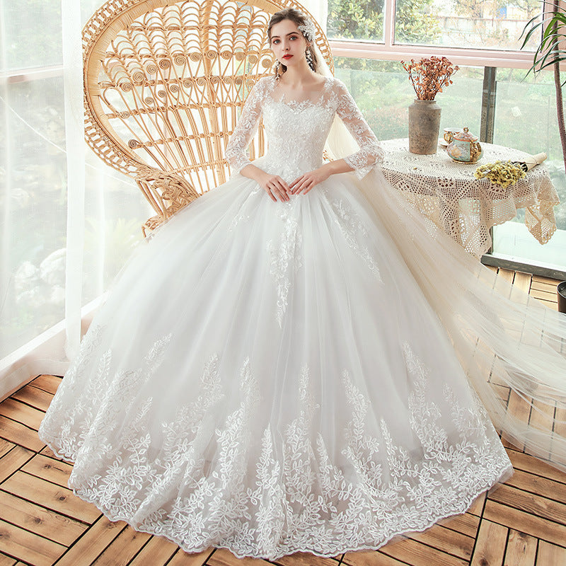 2022 New  O-neck Wedding Dress Lace Embroidery Long Sle