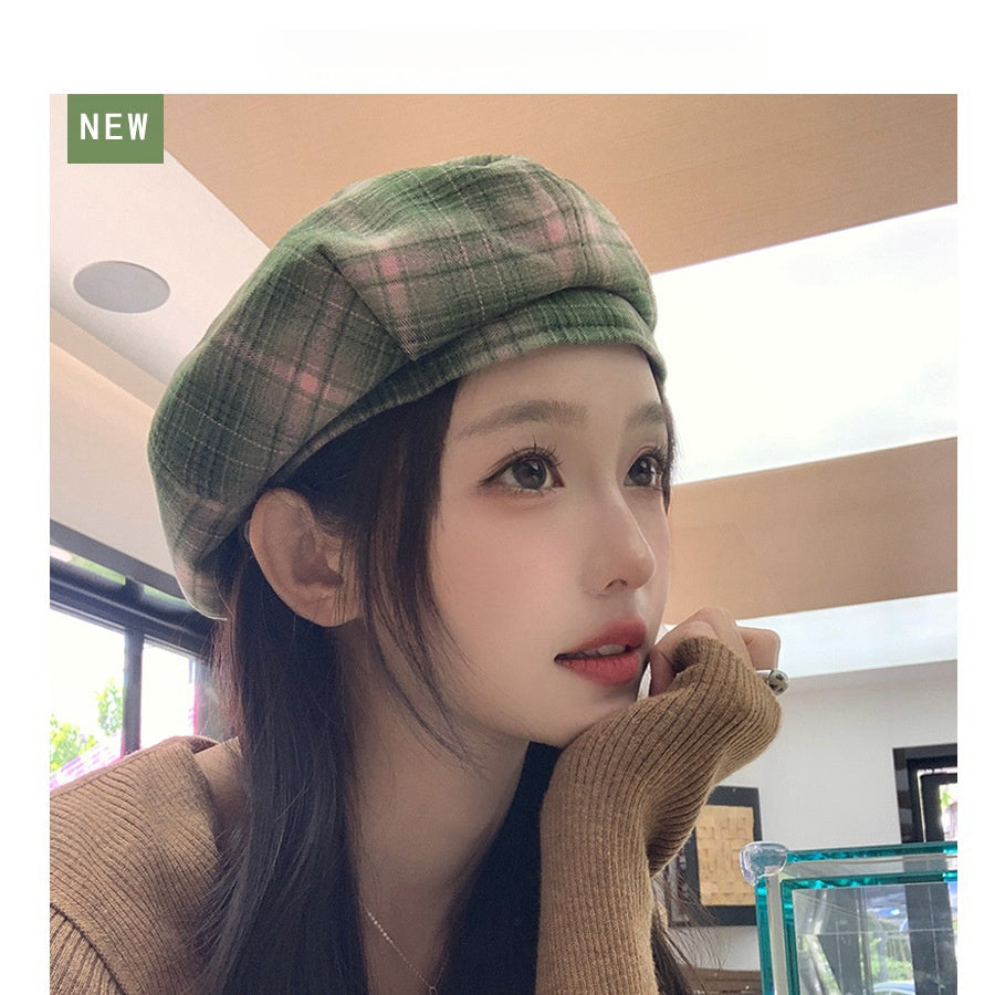 Fresh Brushed Plaid Beret Girls Fashion Painter Hat Literary Show Face Small Ne image 0