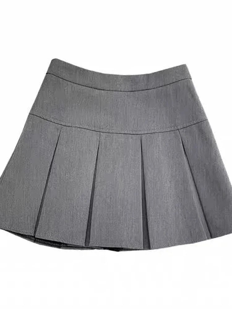 ZOKI Vintage Gray Pleated Skirt Women Kawaii High Waist Mini Skirts Korean Fash