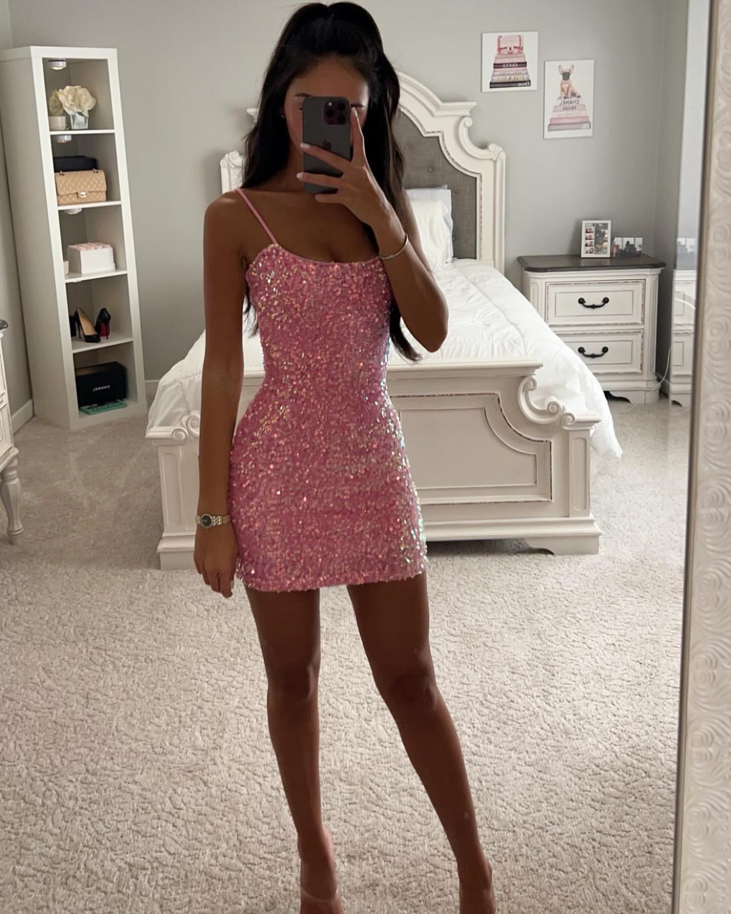 Pink Sparkly Sequin Homecoming Dresses Short for Girls 2025 Sheath Spaghetti St image 2