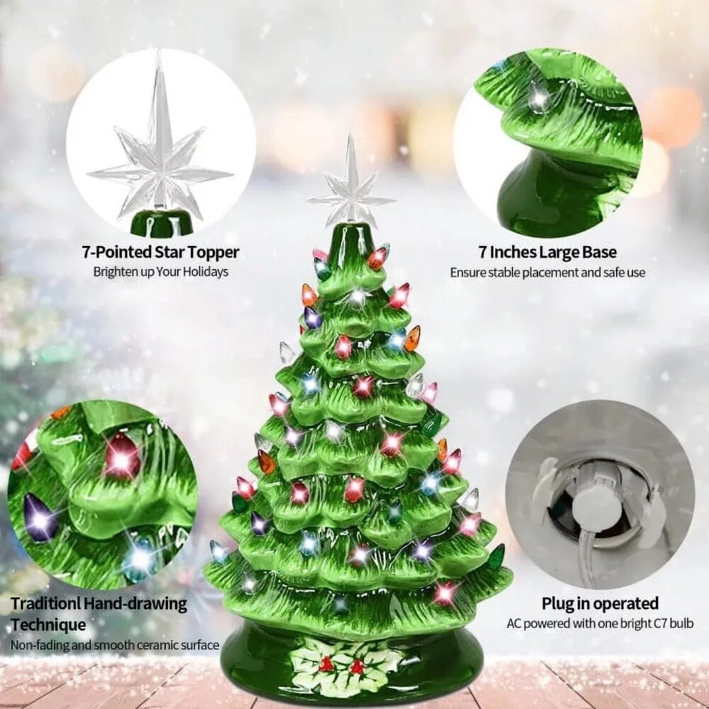New 15 " Large Ceramic Christmas Tree Plug in Tabletop Artificial Green Chri image 3