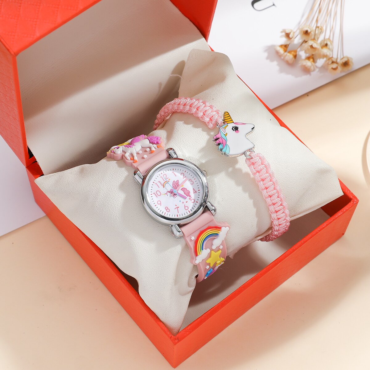 Kids Pink Cute Childrens Wristwatch Cartoon Pattern Quartz Watch Set For Girls  image 3
