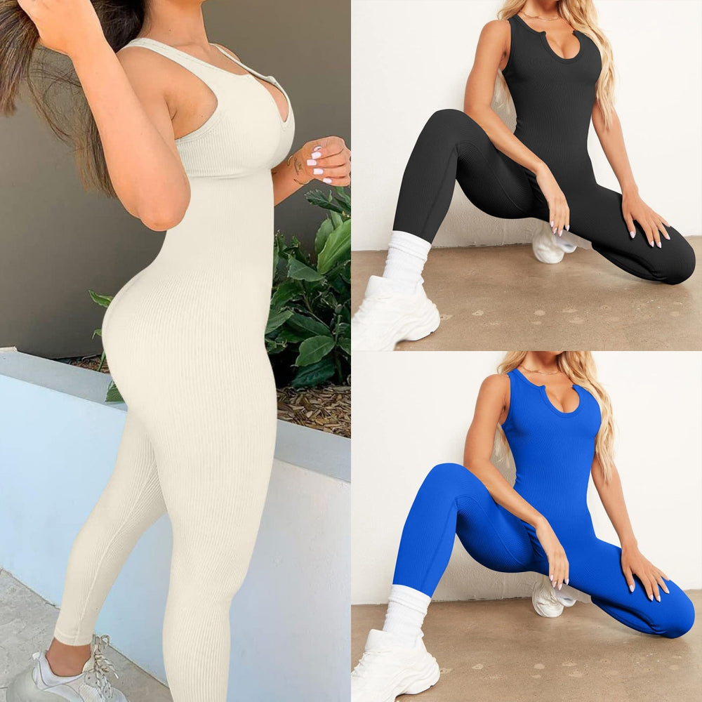 Women's One-Piece Ribbed Yoga Sports Jumpsuit Solid Color Sleeveless Slimming B image 7
