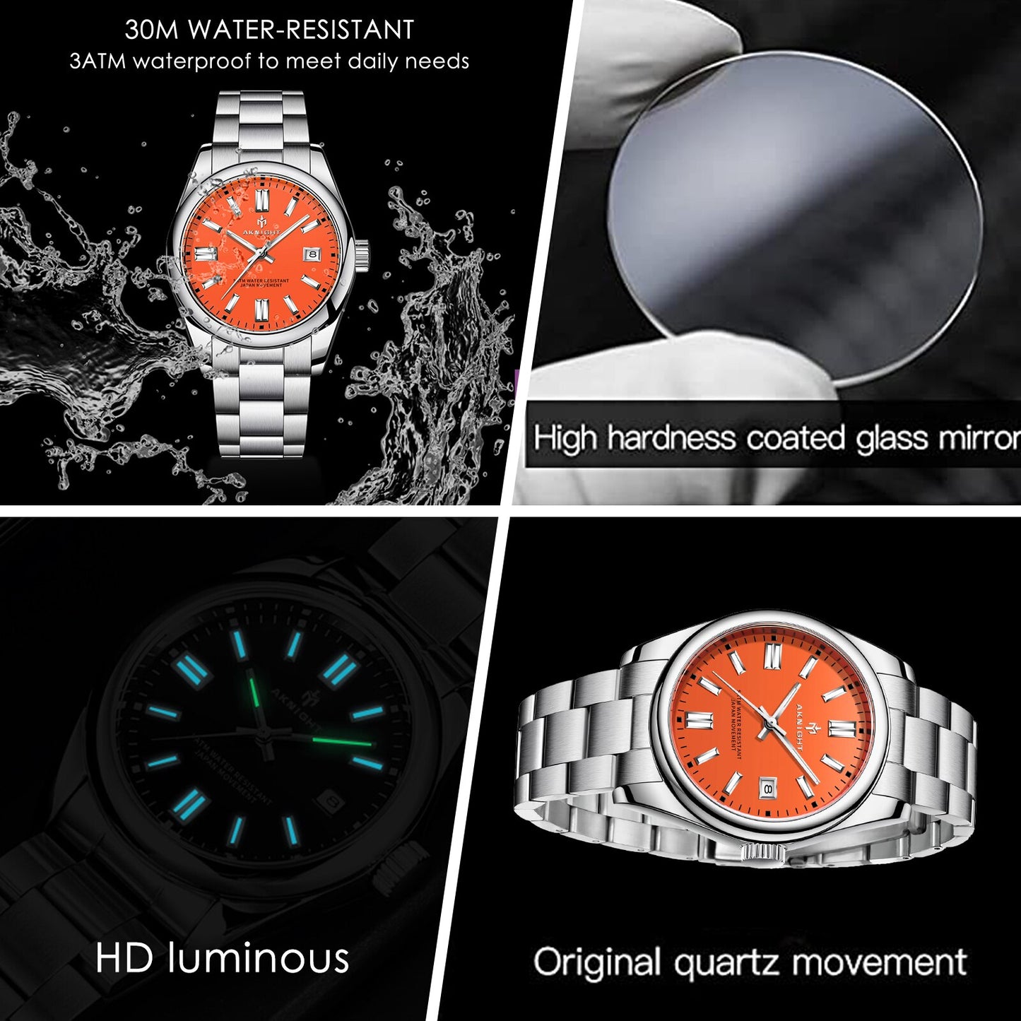 Watch for Men Orange Watch Dial Analog Quartz Wristwatches AKNIGHT Waterproof C image 10