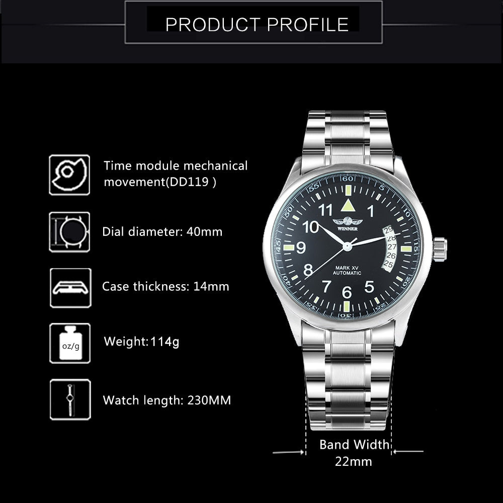 WINNER Business Mechanical Men Watch Casual Calendar Window Black Minimalist Di image 5