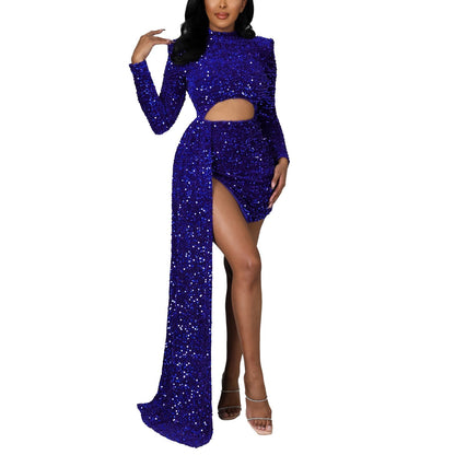 White/Red Hollow Out Sequins Long Dress Women's Fashion Bodycon Lo