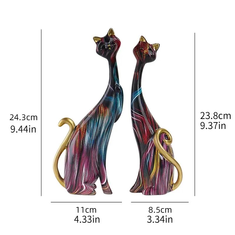 Colorful Cat Statue Oil Painting Cat Couple Sculptures Set Modern Resin Statue image 2
