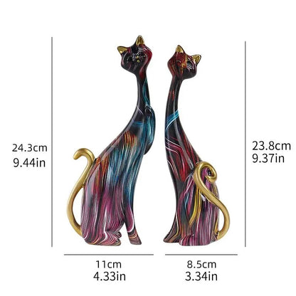 Colorful Cat Statue Oil Painting Cat Couple Sculptures Set Modern Resin Statue image 2