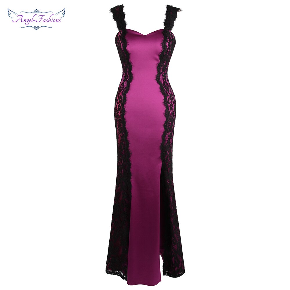 Angel-fashions Women's With Strap Sleeveless Lace Satin Evening Dress Long image 0