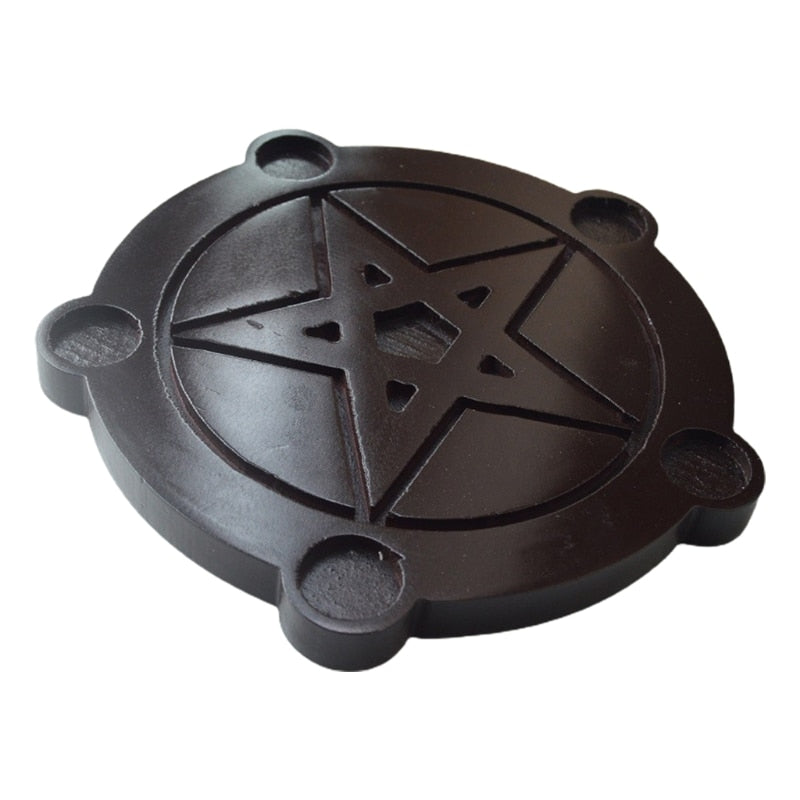 Astrology Star Wood Candlestick Table Pentacle Altar Plate Triquetra Wooden Div image 3
