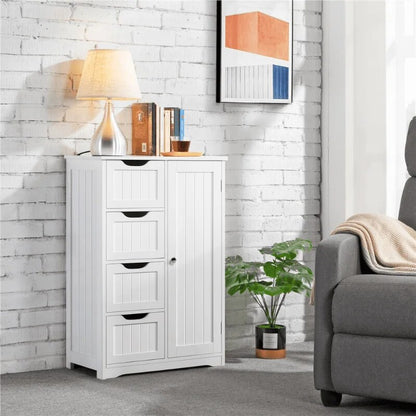 Alden Design Wooden Bathroom Storage Cabinet with 4 Drawers & Cupboard, White image 2