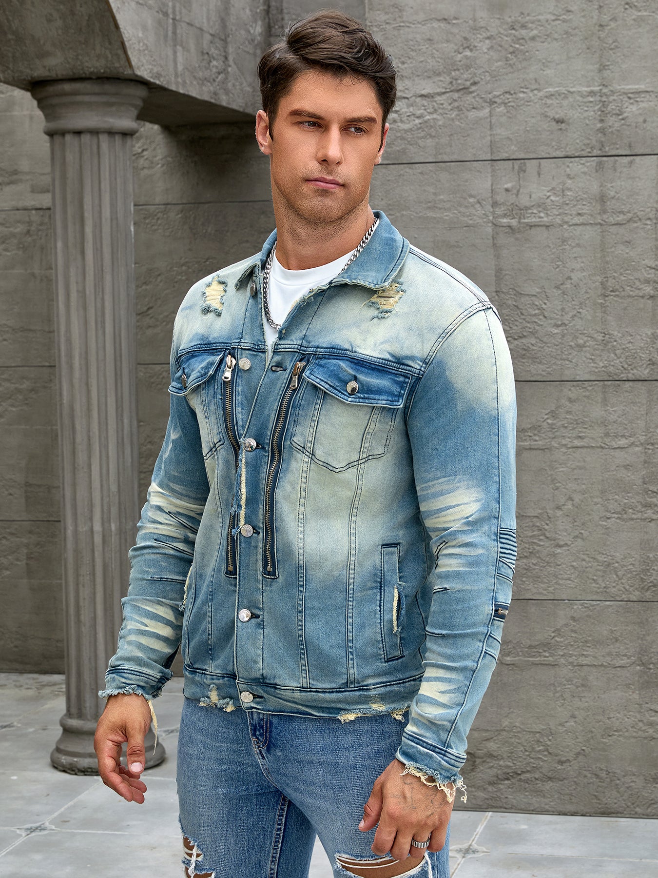 Men's fashion elastic jacket, fashion trend washing water pressure wrinkled cat image 1