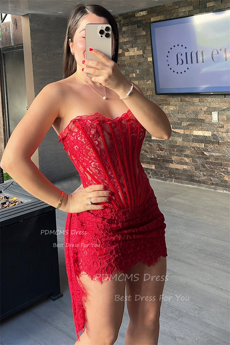 Red Strapless Lace Short Party Dresses Dubai Arabic Woman Cocktail Dress Blackg image 2