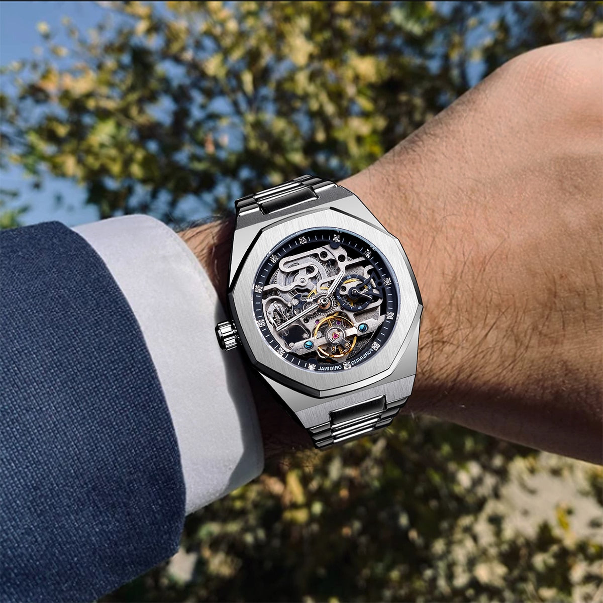 Forsining Casual Automatic Watch 3D Diamond Skeleton Hollow Mens Wristwatches L image 4