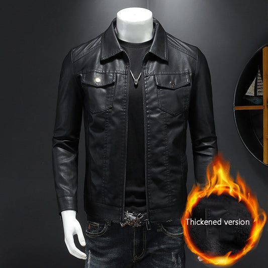 Men's lapel leather jacket autumn oversized slim motorcycle riding suit winter