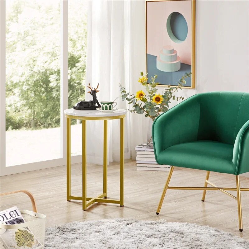 Wooden Top Round Faux Marble Side Table Sturdy Metal Legs Mustard Gold image 2