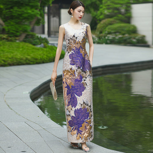 2024 Summer Jacquard Dress Pencil Straight Dress O-neck Sleeveless Party Evenin