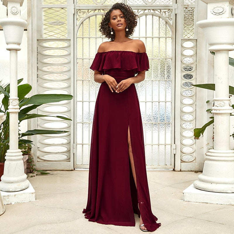 Off the Shoulder Ruffle Bodice Long Flowy Chiffon Bridesmaid Dress image 0