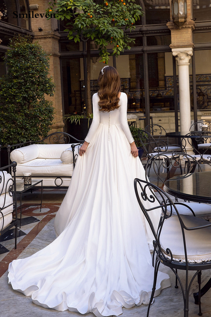 Smileven Satin Princess Wedding Dresses Long Sleeve Backless Caftan Elegant Bri image 2