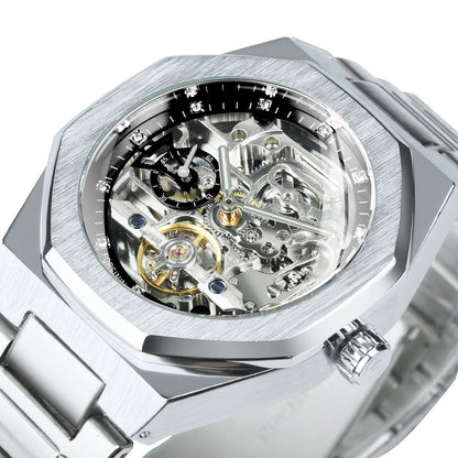 Forsining Black Automatic Watch 3D Diamond Dial Irregular Skeleton Mechanical W image 1