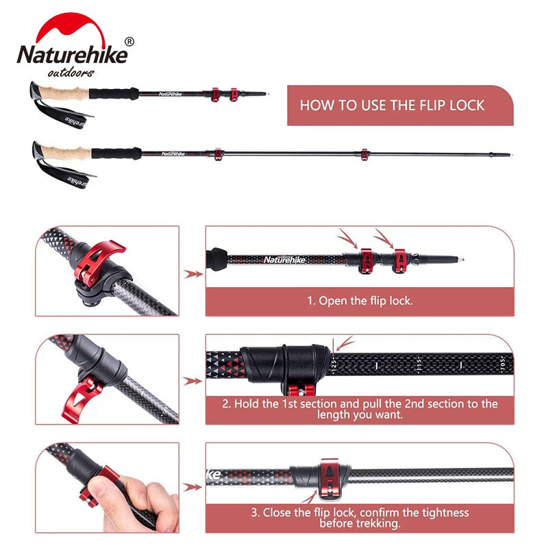 Naturehike Trekking Poles 2pcs Carbon Fiber Collapsible Telescopic Sticks Light image 3