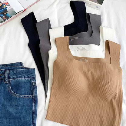 New Wide Shoulder Camisole Square Neck  Back Threaded Vest Women's Sea image 0