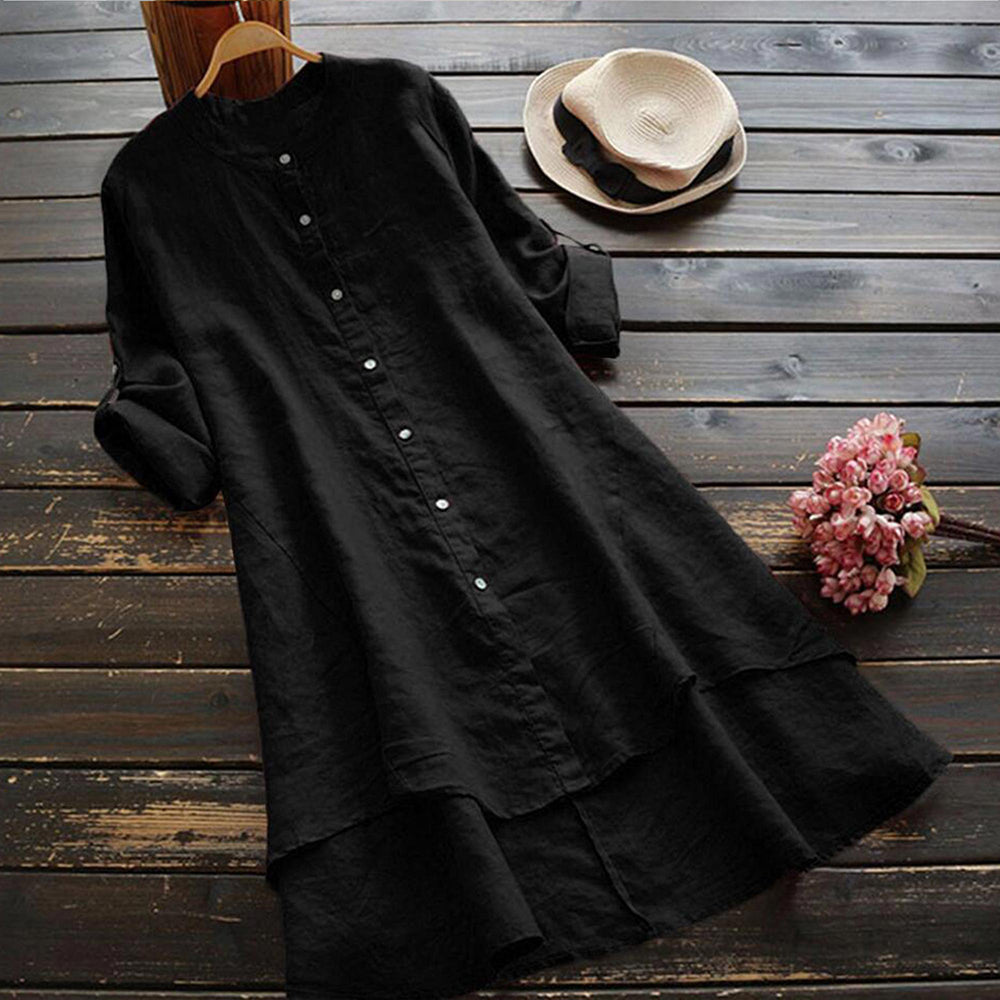 Women's Spring Solid Cotton Linen Shirt Dress Ladies Loose Dress Long Tops Blou image 6