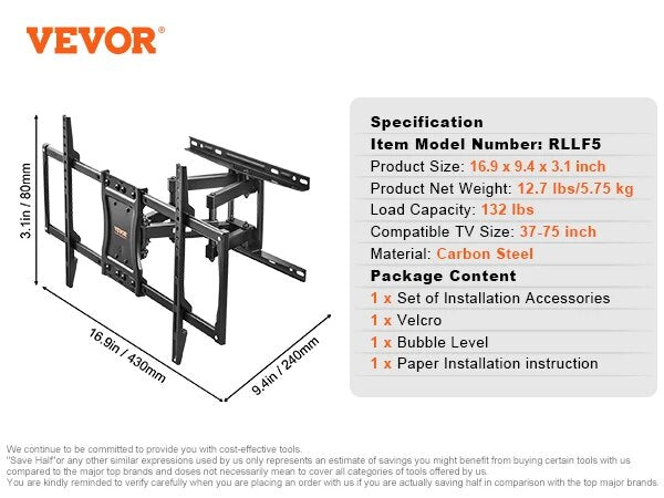 VEVOR Full Motion TV Mount Fit for Most 26-90in TVs Swivel Tilt Horizontal Adju