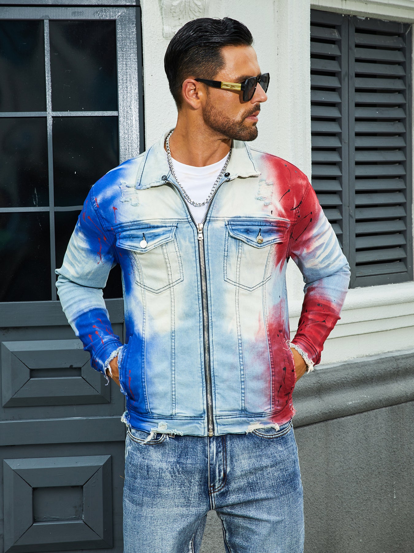 Men's fashion stretch jacket, full strip printing, fashion wash, has a very fas image 2