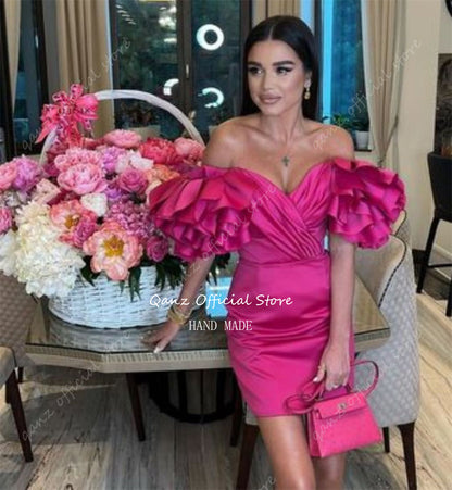 Qanz Fuchsia Modest Cocktail Dresses Satin Short Off The Shoulder Pageant Dress image 1