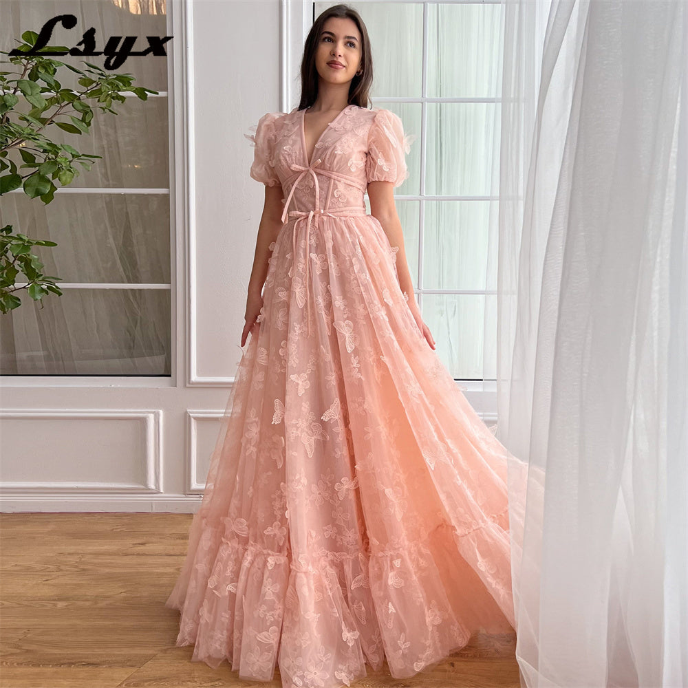 LSYX Above Knee Short Sleeves Butterflies Homecoming Dresses 2024 Tulle V Neck  image 4