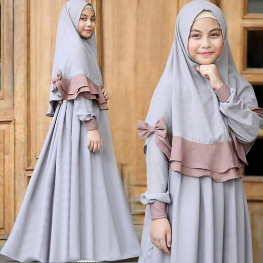 2 PCS Muslim Kids Girls Kaftan Abaya Islamic Dress Hijab Scarf Long Sleeve Maxi image 0